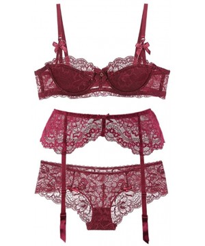 Bras Sexy Lingerie Set Half Cup Lace Bra Panty Suspender Belt Underwear 3Pcs for Women - Wine Red - CS1928EAIDO