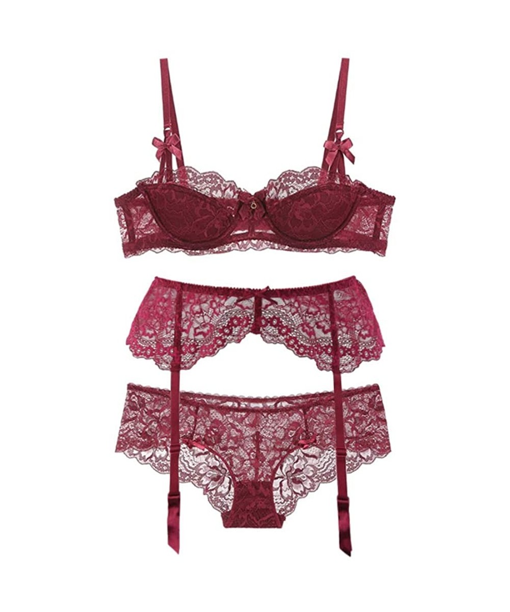 Bras Sexy Lingerie Set Half Cup Lace Bra Panty Suspender Belt Underwear 3Pcs for Women - Wine Red - CS1928EAIDO