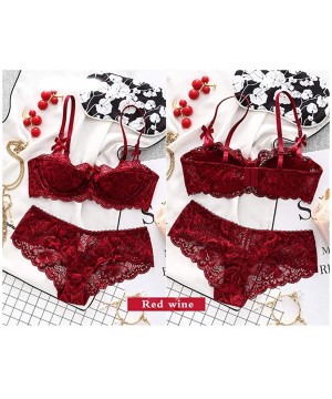 Bras Sexy Lingerie Set Half Cup Lace Bra Panty Suspender Belt Underwear 3Pcs for Women - Wine Red - CS1928EAIDO