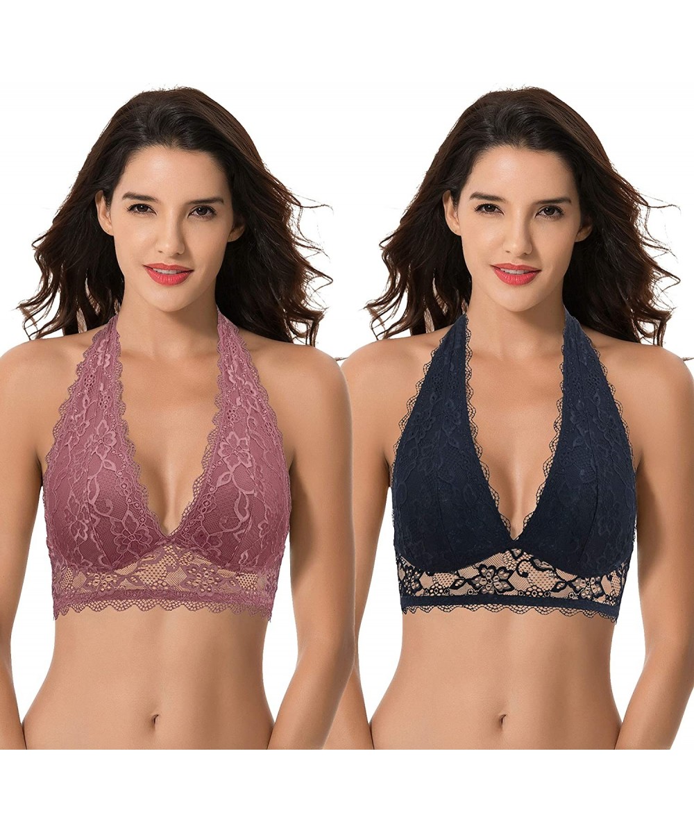 Bras Plunge Bralette with Floral Lace-2pack - Violet-black(2 Pack) - CQ18Q0R0IH2