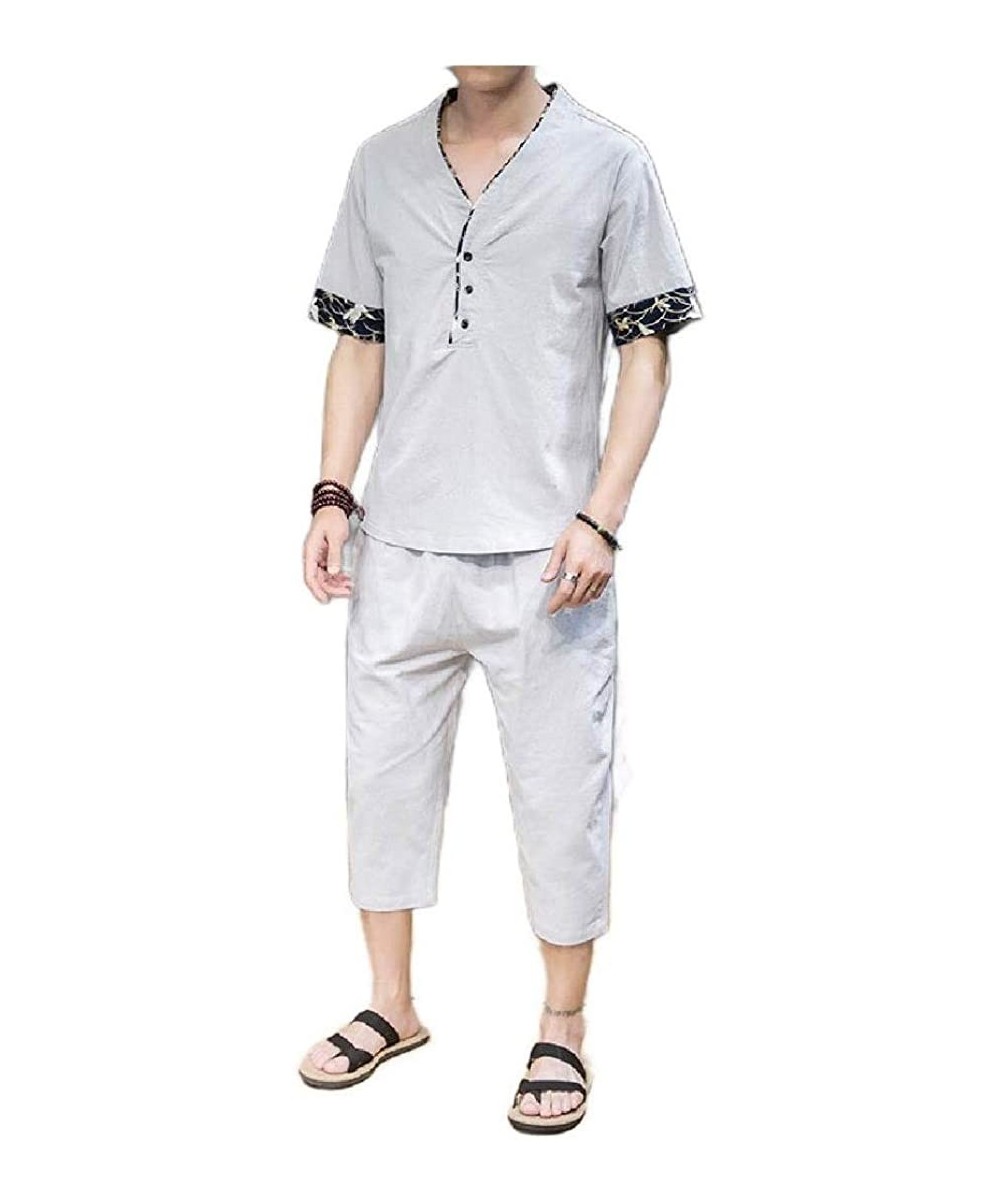 Sleep Sets Men Cotton Linen Plus-Size Short-Sleeve Chinese Style Summer Pajamas - Grey - CI19E4Q4HOR