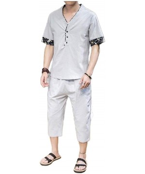 Sleep Sets Men Cotton Linen Plus-Size Short-Sleeve Chinese Style Summer Pajamas - Grey - CI19E4Q4HOR