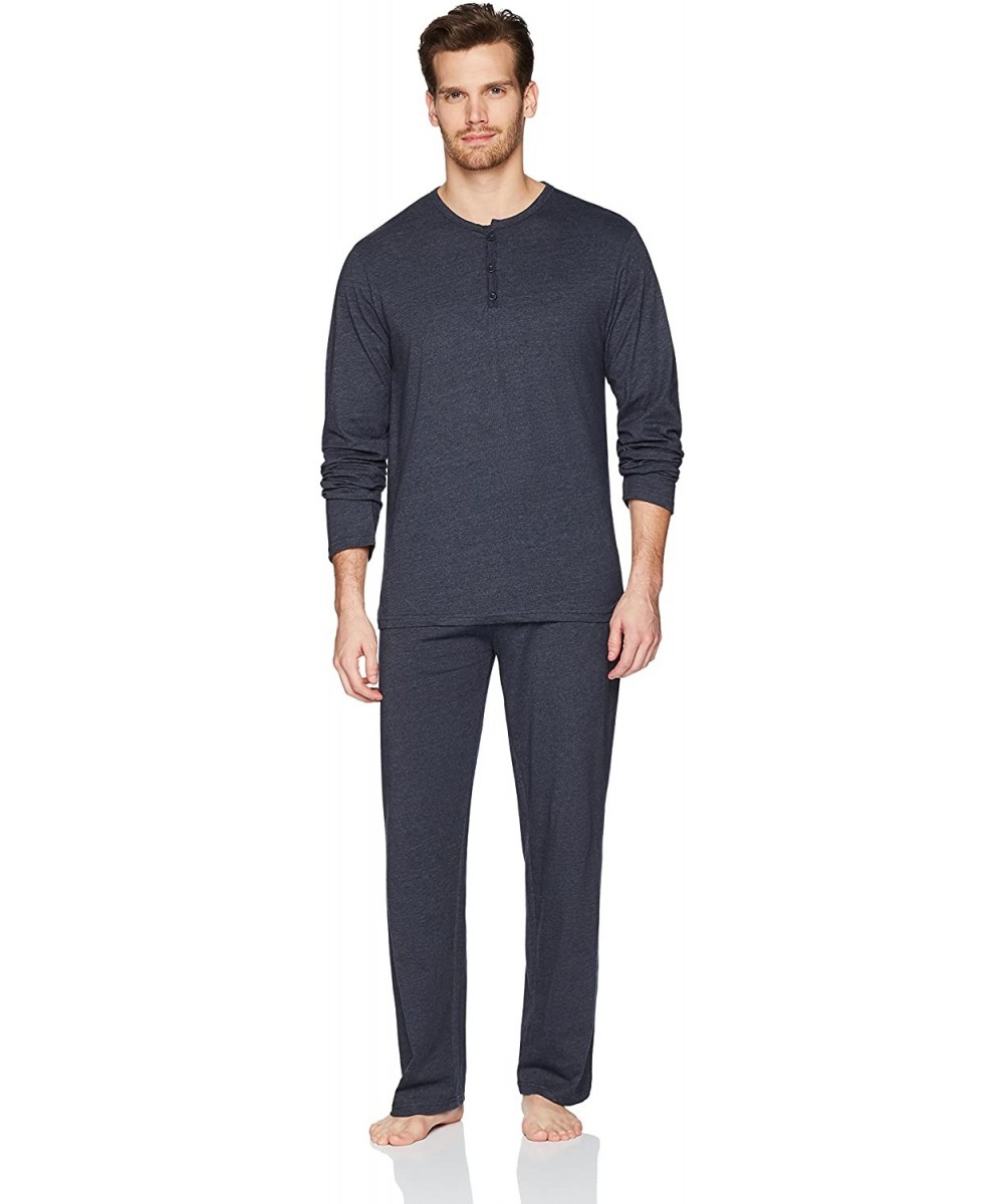 Sleep Sets Men's Long Sleeve Henley Tee and Pant Pajama Set - Uniform Blue - C7187683SC7