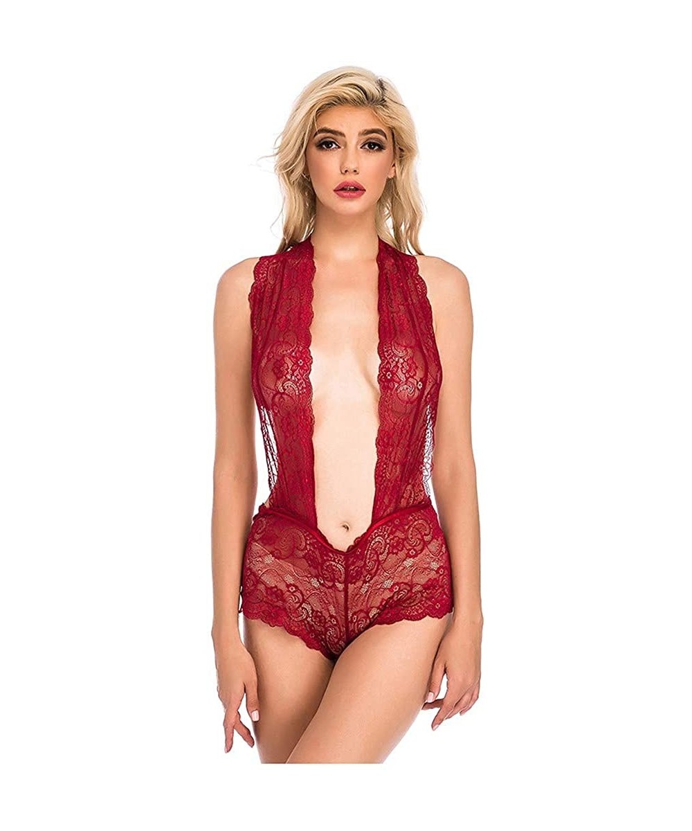 Bras Womens Sexy Deep V Jumpsuit Lace Halter Backless Bodysuit Sleepwear Lingerie - Wine Red - CY194LM5GMY