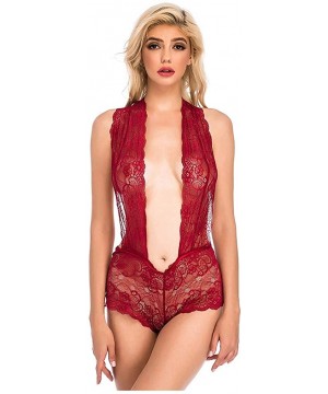 Bras Womens Sexy Deep V Jumpsuit Lace Halter Backless Bodysuit Sleepwear Lingerie - Wine Red - CY194LM5GMY