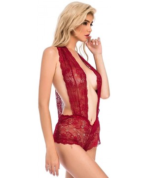 Bras Womens Sexy Deep V Jumpsuit Lace Halter Backless Bodysuit Sleepwear Lingerie - Wine Red - CY194LM5GMY