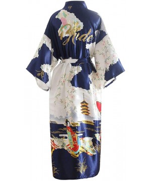 Nightgowns & Sleepshirts Bride Bridesmaid Robes Womens Dressing Gown Kimono Silky Satin Geisha Bridal Party Bathrobe - Blue B...