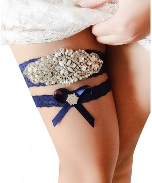 Garters & Garter Belts Romantic Lace Wedding Garter Set Rhinestones Party Prom Garters for Brides - Navy/Silver - CN18ZA2QY7R