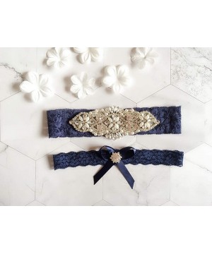 Garters & Garter Belts Romantic Lace Wedding Garter Set Rhinestones Party Prom Garters for Brides - Navy/Silver - CN18ZA2QY7R