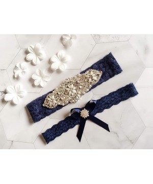 Garters & Garter Belts Romantic Lace Wedding Garter Set Rhinestones Party Prom Garters for Brides - Navy/Silver - CN18ZA2QY7R