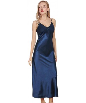 Nightgowns & Sleepshirts Womens Plus Size Imitation Silk Long Nightgown Lace Satin Sleepwear Sleeveless Chemise Deep V Neck N...