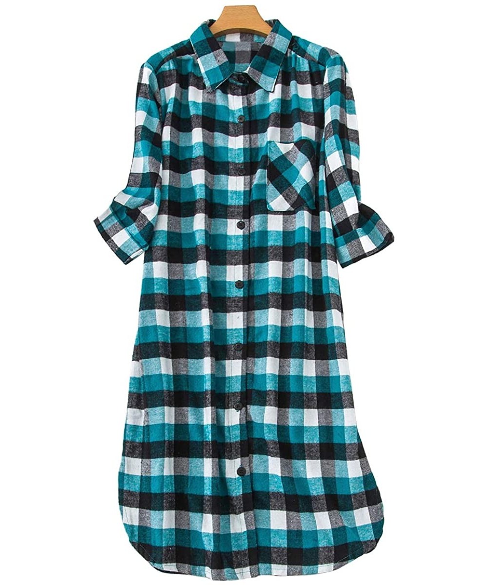 Nightgowns & Sleepshirts Women Cotton Flannel Knee-Length Nightgowns 3/4 Sleeve Plaid Sleep Dress Plus Size Night Shirt(S-5X)...