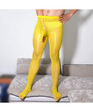 Trunks Men's Sexy Shiny Glossy Pantyhose Bodystocking Tights Sheer Nylon Sheath Underwear - Yellow(closed Sheath) - CG18ZC4IQUX