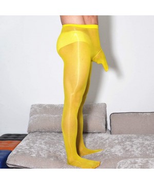 Trunks Men's Sexy Shiny Glossy Pantyhose Bodystocking Tights Sheer Nylon Sheath Underwear - Yellow(closed Sheath) - CG18ZC4IQUX