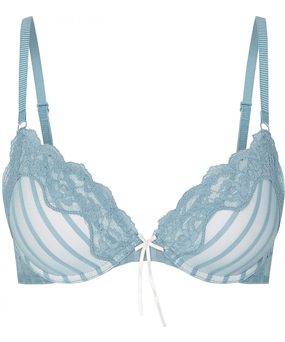 Bras Women's Mesh & Lace Demi Contour Bra - Ladies Sexy Lingerie - Adriatic Blue/ Silver Peony - C618HGSTI9C