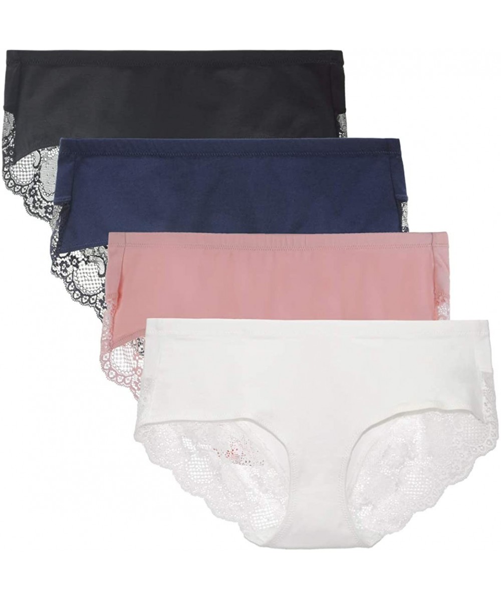 Panties Women's 4 Pack Cotton Mid Rise Pretty Lace Back Full Coverage Brief Panty Underwear - Black/Navy/Pink/White - CS1970M...