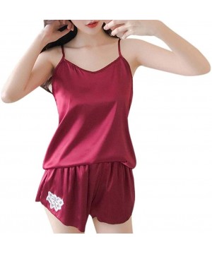 Thermal Underwear 2PCS Womens Sexy Satin Lingerie Sleeveless Pajamas Embroidery Flower Underwear - Red - CU18LS27SG7