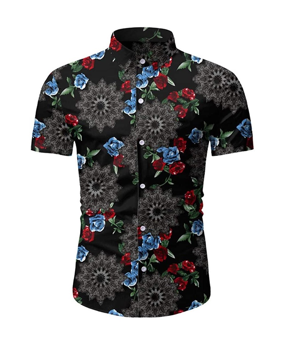 Trunks Men Casual Summer Printed Button Short Sleeve Hawaiian T-Shirt Top Blouse - Black1 - CE195Q7D30K