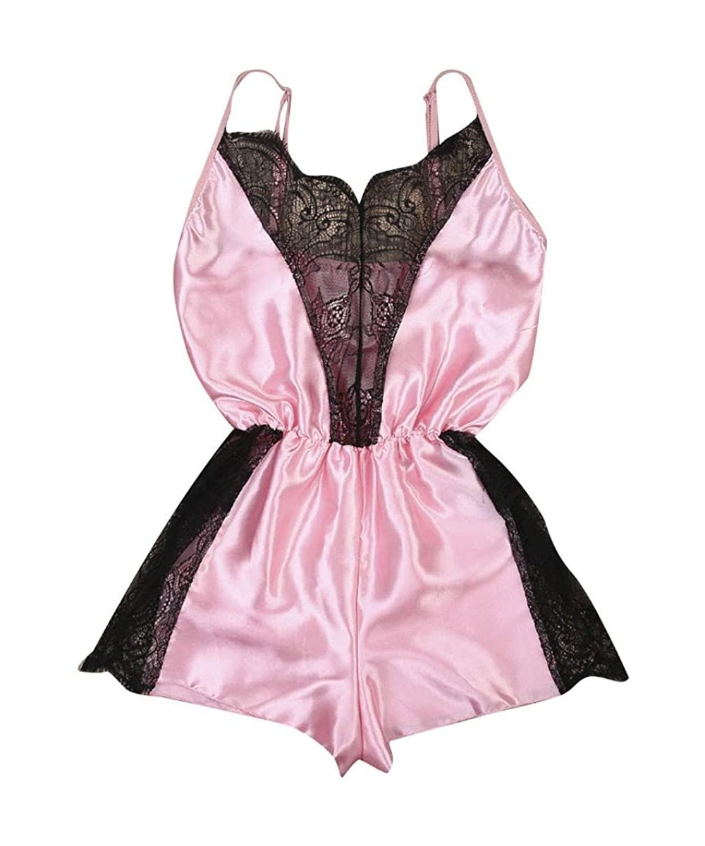 Baby Dolls & Chemises Women Satin Lingerie Bodysuit Sexy V Neck One Piece Lace Babydoll Short Jumpsuit Nightwear - Pink - CR1...