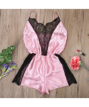 Baby Dolls & Chemises Women Satin Lingerie Bodysuit Sexy V Neck One Piece Lace Babydoll Short Jumpsuit Nightwear - Pink - CR1...