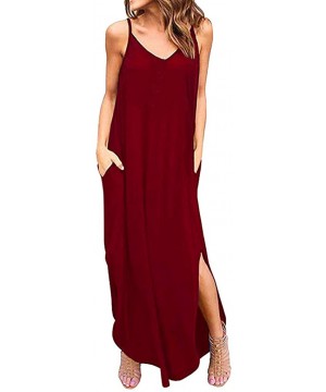 Slips Dresses for Women Casual Work Fashion Lady Long Sleeve Round Neck Solid Elegant Party Long Dress with Pocket - 0b Red -...