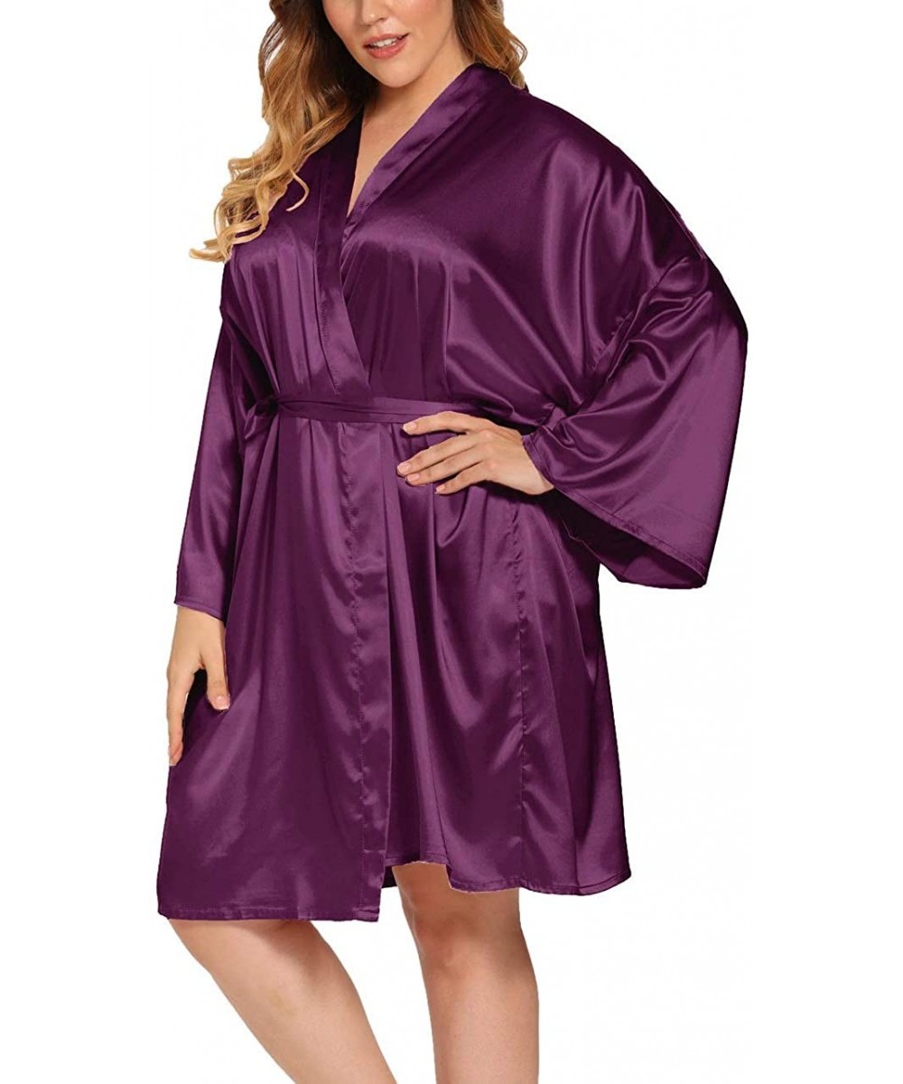 Robes Women's Plus Size Silky Robes Plus Size Satin Robes Plus Bridesmaid Robes Soft Sleepwear (1X-4X) - Purple - CF19C72CQMQ