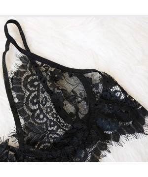 Garters & Garter Belts Womens Spaghetti Strap Lace Bra Panties Garter Sexy Lingerie 3 Piece Set - Black - C9193U3IA6Z