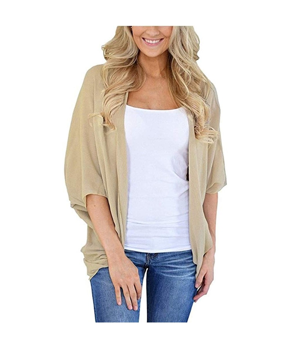 Garters & Garter Belts Womens Solid Chiffon Kimono Cardigans Short Sleeve Loose Tops Casual Jacket - Beige - CS1945C6Y2X