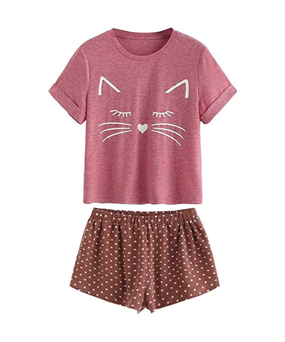 Sets Women's 2PC Nightwear Set Casual Shorts Short Sleeve Print T-Shirt Sleepwear Sportwear - B-red - CP1985GH53I