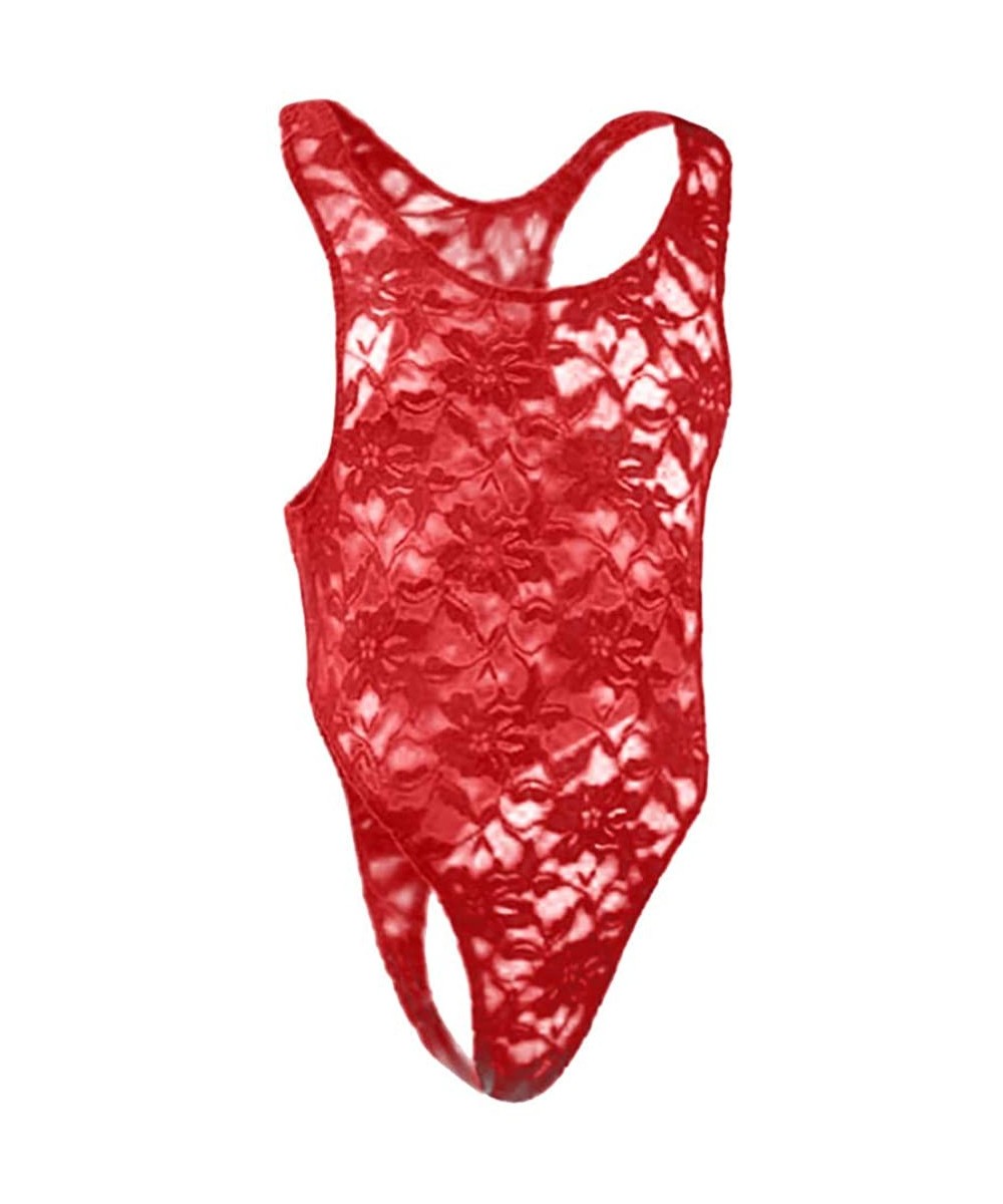 G-Strings & Thongs One-Piece Mens Lingerie- Sexy Lace See-Through Straps V-Neck Stretch Singlet Jumpsuit Bodysuit - Red - CA1...