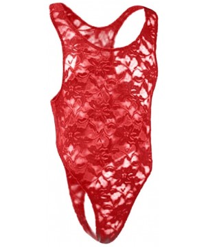 G-Strings & Thongs One-Piece Mens Lingerie- Sexy Lace See-Through Straps V-Neck Stretch Singlet Jumpsuit Bodysuit - Red - CA1...