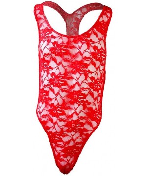 G-Strings & Thongs One-Piece Mens Lingerie- Sexy Lace See-Through Straps V-Neck Stretch Singlet Jumpsuit Bodysuit - Red - CA1...