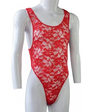 G-Strings & Thongs One-Piece Mens Lingerie- Sexy Lace See-Through Straps V-Neck Stretch Singlet Jumpsuit Bodysuit - Red - CA1...