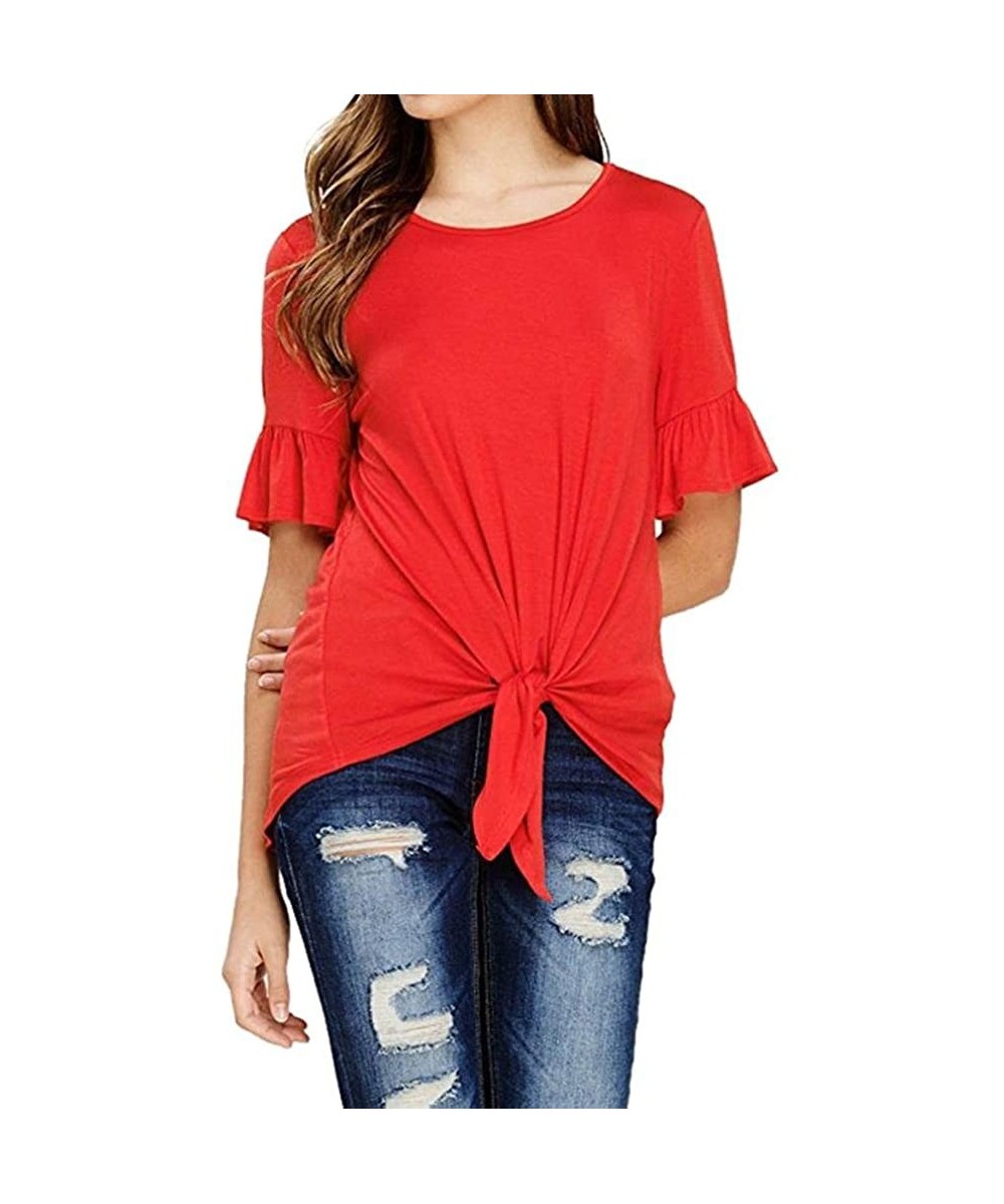 Tops Casual O Neck Tops Short Sleeve Blouses Knot Tie Front Loose Tee T-Shirt for Women - Red - CN18EUQYMS5