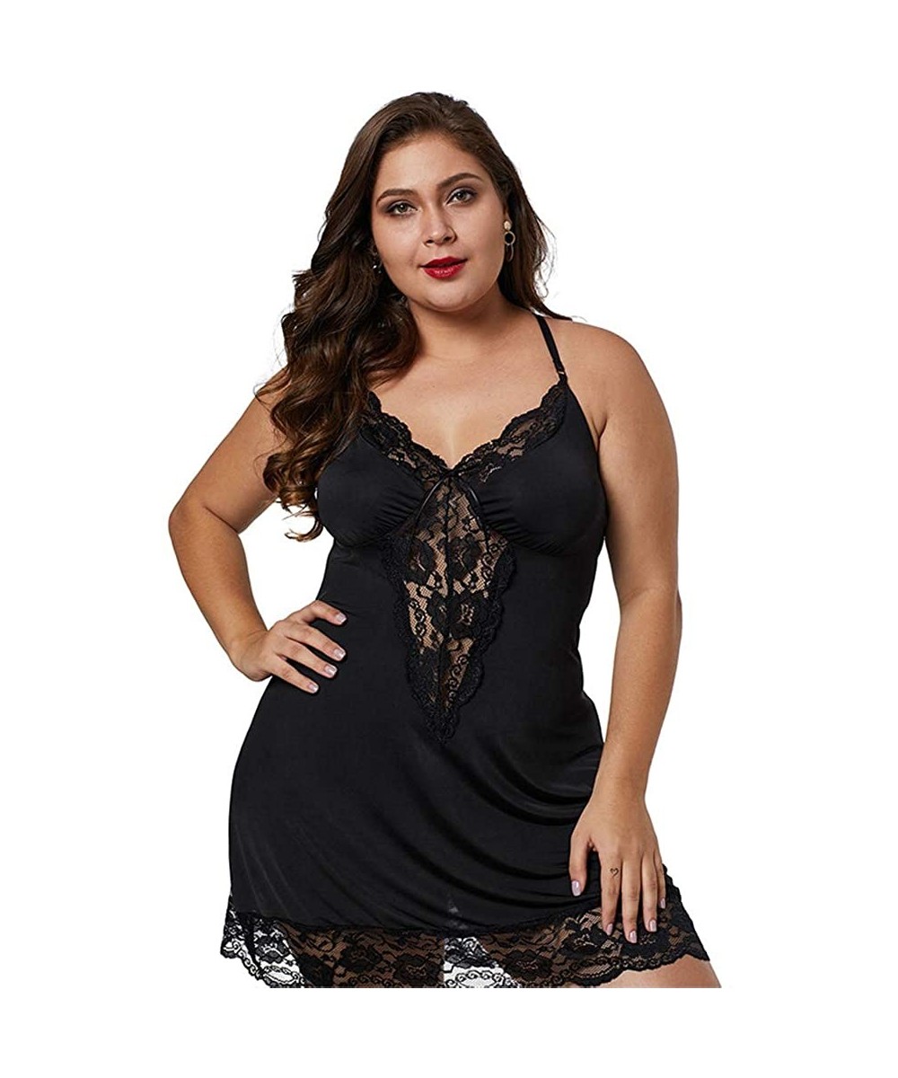 Baby Dolls & Chemises Women Sexy Babydoll Lingerie Plus Size Sheer Lace Chemise Halter Backless Sleepwear Splicing Deep V Bra...