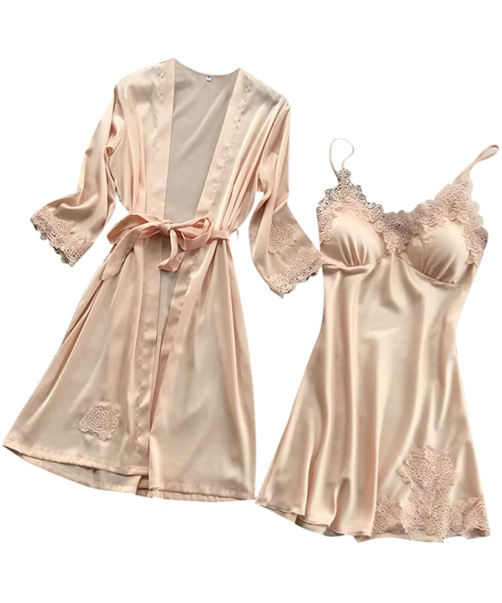 Robes Lingerie Women Silk Lace Robe Dress Babydoll Nightdress Sleepwear Kimono Set - Beige - C118N9L4IRY