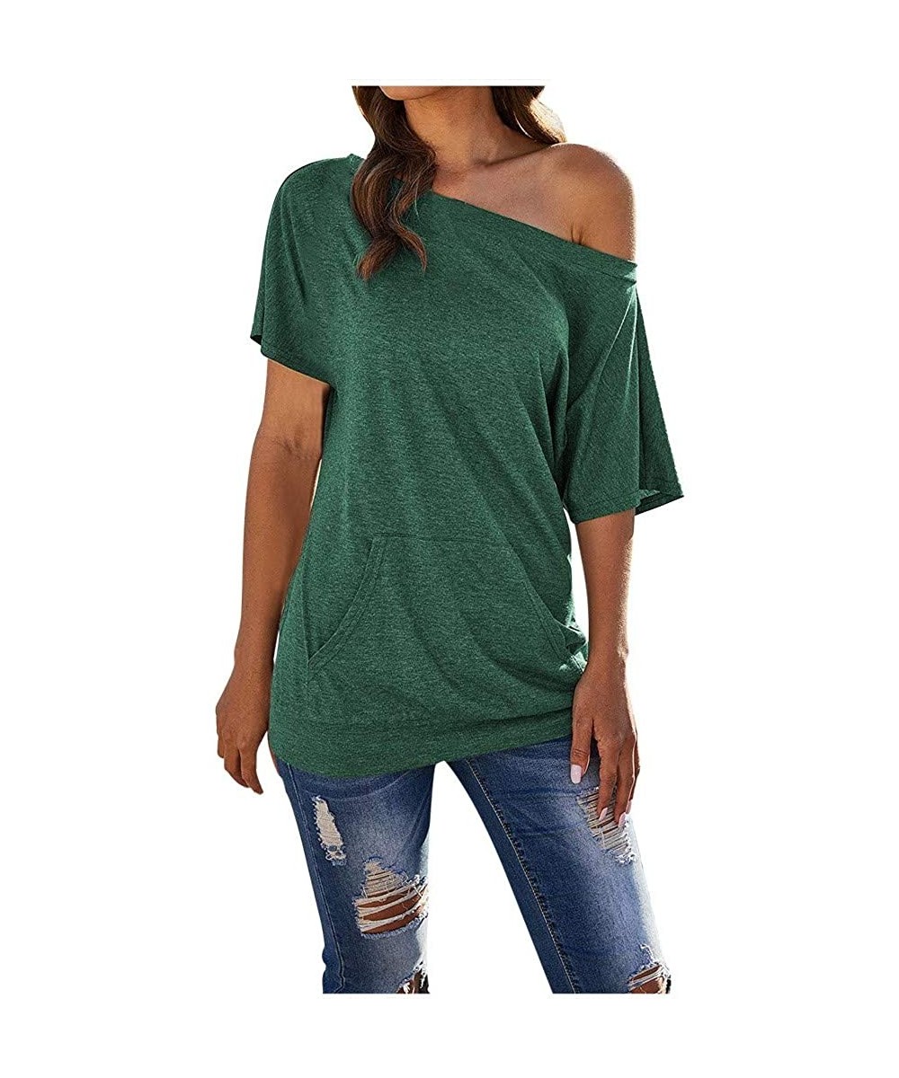 Tops Women's Short Sleeve Boat Neck Off Shoulder Blouse Tops with Pocket - Green - C019585YL00