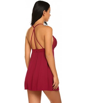 Baby Dolls & Chemises Full Slip Nighties for Women Lace Babydoll Nightgown Chemise Lingerie Sexy Sleepwear - A-wine Red - CP1...