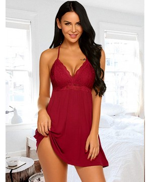 Baby Dolls & Chemises Full Slip Nighties for Women Lace Babydoll Nightgown Chemise Lingerie Sexy Sleepwear - A-wine Red - CP1...