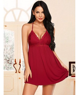 Baby Dolls & Chemises Full Slip Nighties for Women Lace Babydoll Nightgown Chemise Lingerie Sexy Sleepwear - A-wine Red - CP1...