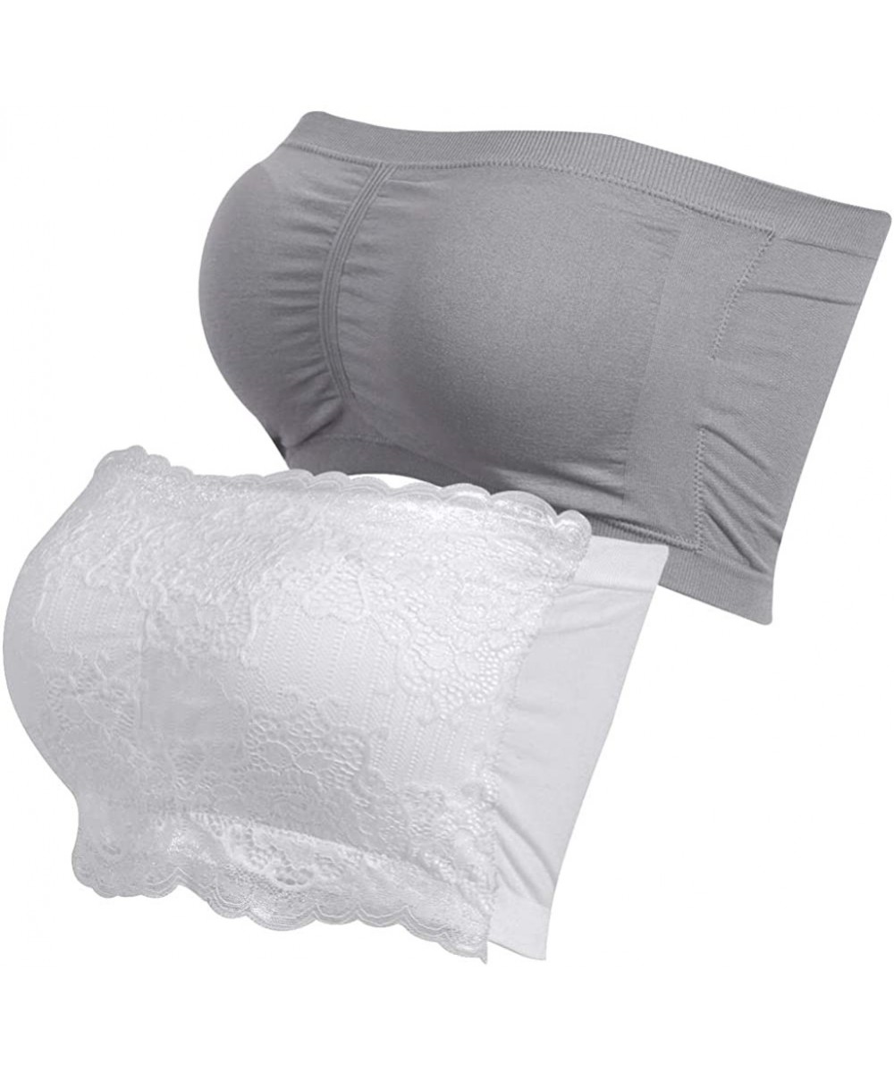 Bras Women's Bandeau Bra Seamless Tube Top Bra with Removable Pads 1-3 Pack - 2 Pack Grey&white Lace - CU18UW2T92O