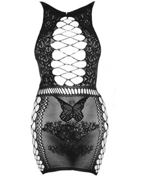 Baby Dolls & Chemises Women Sexy Lingerie Sleepwear See-Through Sheer Lace Mesh Teddy Babydoll Robes Nightwear - Black - CA19...