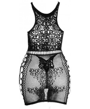 Baby Dolls & Chemises Women Sexy Lingerie Sleepwear See-Through Sheer Lace Mesh Teddy Babydoll Robes Nightwear - Black - CA19...