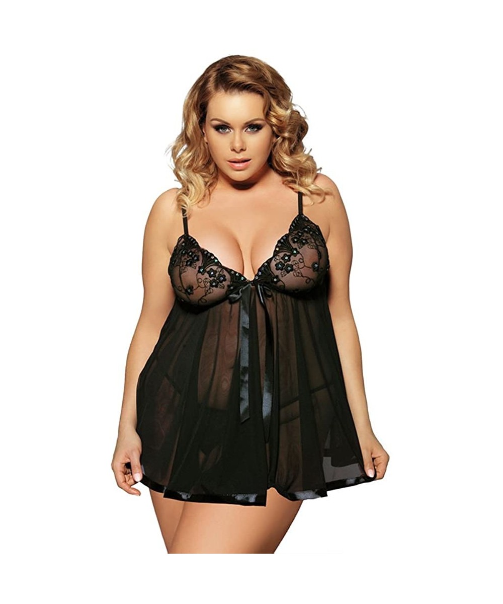 Nightgowns & Sleepshirts Women's Sequin Sheer Lace Plus Size Babydoll Nighty Lingerie Chemise - Black - CM11T5M159V