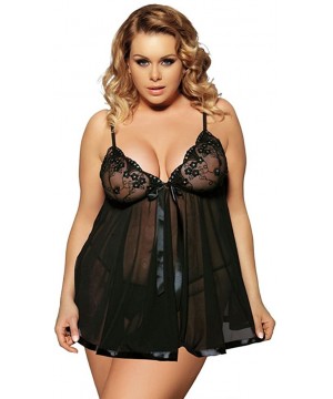 Nightgowns & Sleepshirts Women's Sequin Sheer Lace Plus Size Babydoll Nighty Lingerie Chemise - Black - CM11T5M159V