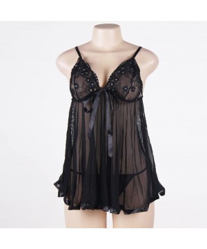 Nightgowns & Sleepshirts Women's Sequin Sheer Lace Plus Size Babydoll Nighty Lingerie Chemise - Black - CM11T5M159V