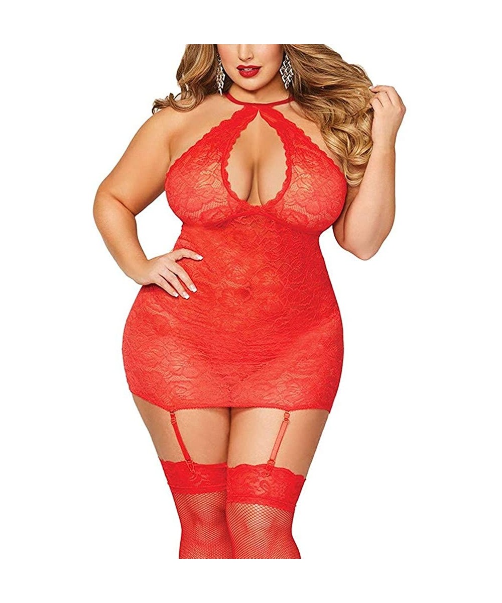 Baby Dolls & Chemises Women Sexy Halter Lingerie Plus Size Lace Bodysuit Chemise Nightdress with Garters - Red - C8199XKDRSY