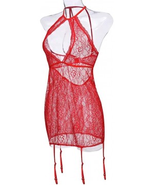 Baby Dolls & Chemises Women Sexy Halter Lingerie Plus Size Lace Bodysuit Chemise Nightdress with Garters - Red - C8199XKDRSY