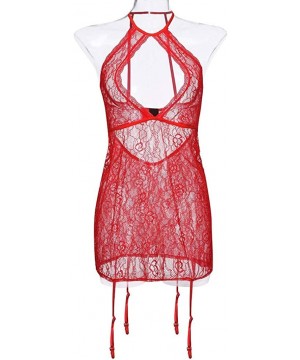 Baby Dolls & Chemises Women Sexy Halter Lingerie Plus Size Lace Bodysuit Chemise Nightdress with Garters - Red - C8199XKDRSY