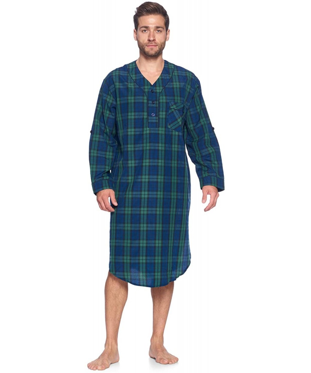 Sleep Tops Men's Long Nightshirt | Woven Plaid Henley Gown Sleep Shirt - Green Blackwatch - C518ULZW7NI